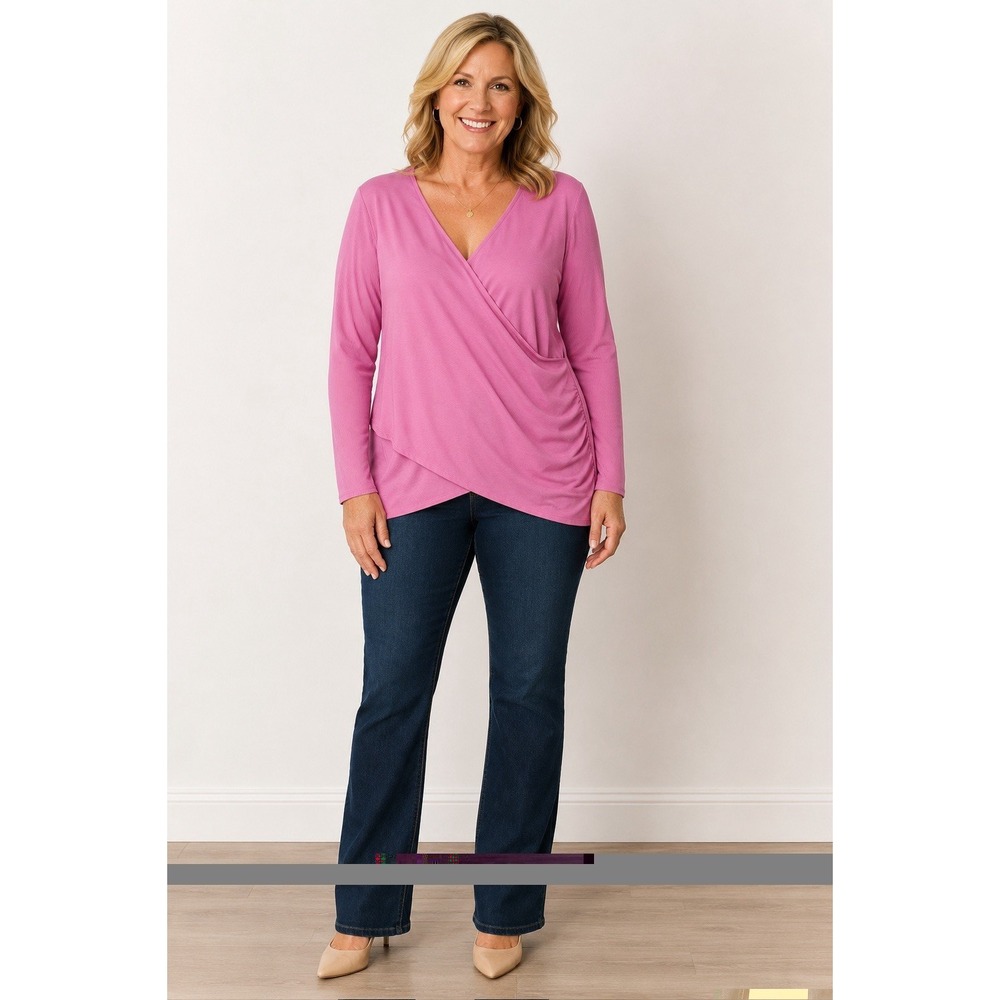 Talbots Pink Wrap Top Womens XL Ribbed Surplice Ruched Long Sleeve Blouse